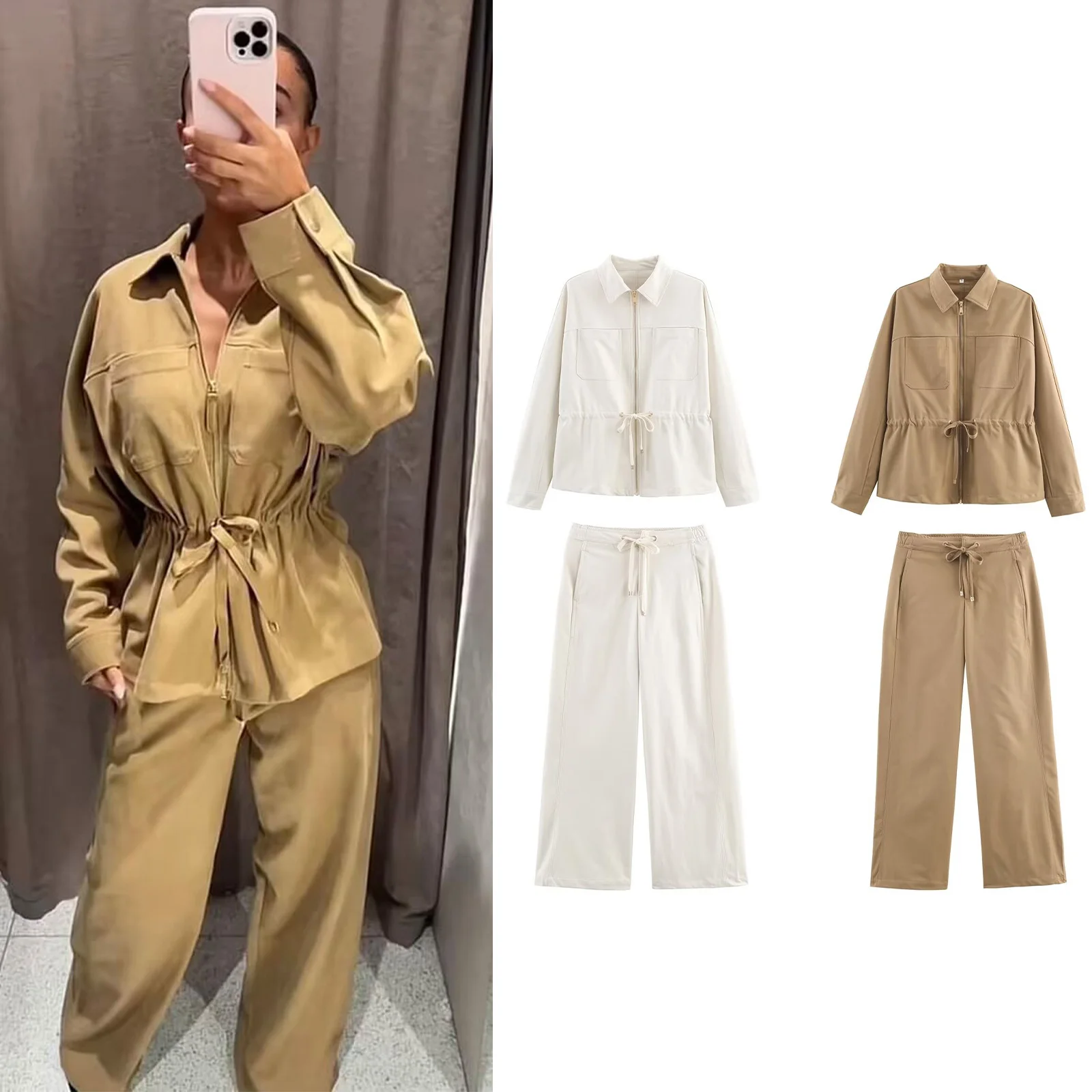 여성 캐주얼 팬츠 수트 긴 소매 솔리드 지퍼 봄버 재킷+드로스트링 팬츠 가을 패션 사파리 웨어 카키 세트