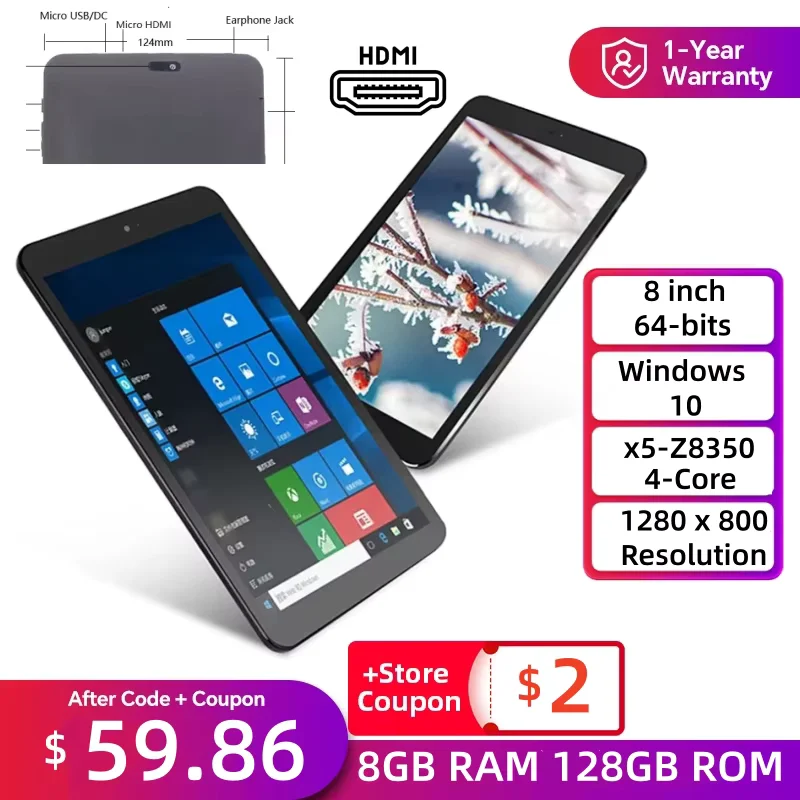 8GB RAM 128GB ROM 8인치 AR2 윈도우 10 태블릿 PC WIFI 블루투스 x5-Z8350 쿼드 코어 1280 x 800IPS 듀얼 카메라
