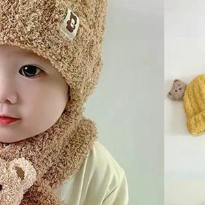 아기 모자 스카프 세트 소녀 소년 겨울 따뜻한 세트 만화 곰 방한 의류 어린이용 브림리스 캡 스카프