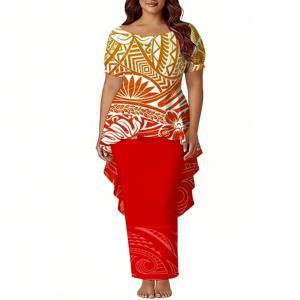 맞춤형 여성 드레스 패턴 폴리네시아 푸레타시 여름 반팔 라운드넥 제비꼬리 디자인 상의와 슬림 슬릿 스커트