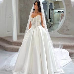 반짝이는 비즈 장식 스팽글 V넥 새틴 브라이덜 가운 A라인 웨딩드레스 맞춤 제작 2026 베스티도 데 노이발