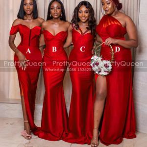 여성용 오프숄더 사이드 스플릿 롱 인어 드레스, 맞춤형 시스 신부 들러리 드레스, 레드 웨딩 파티 원피스, 명예 하녀