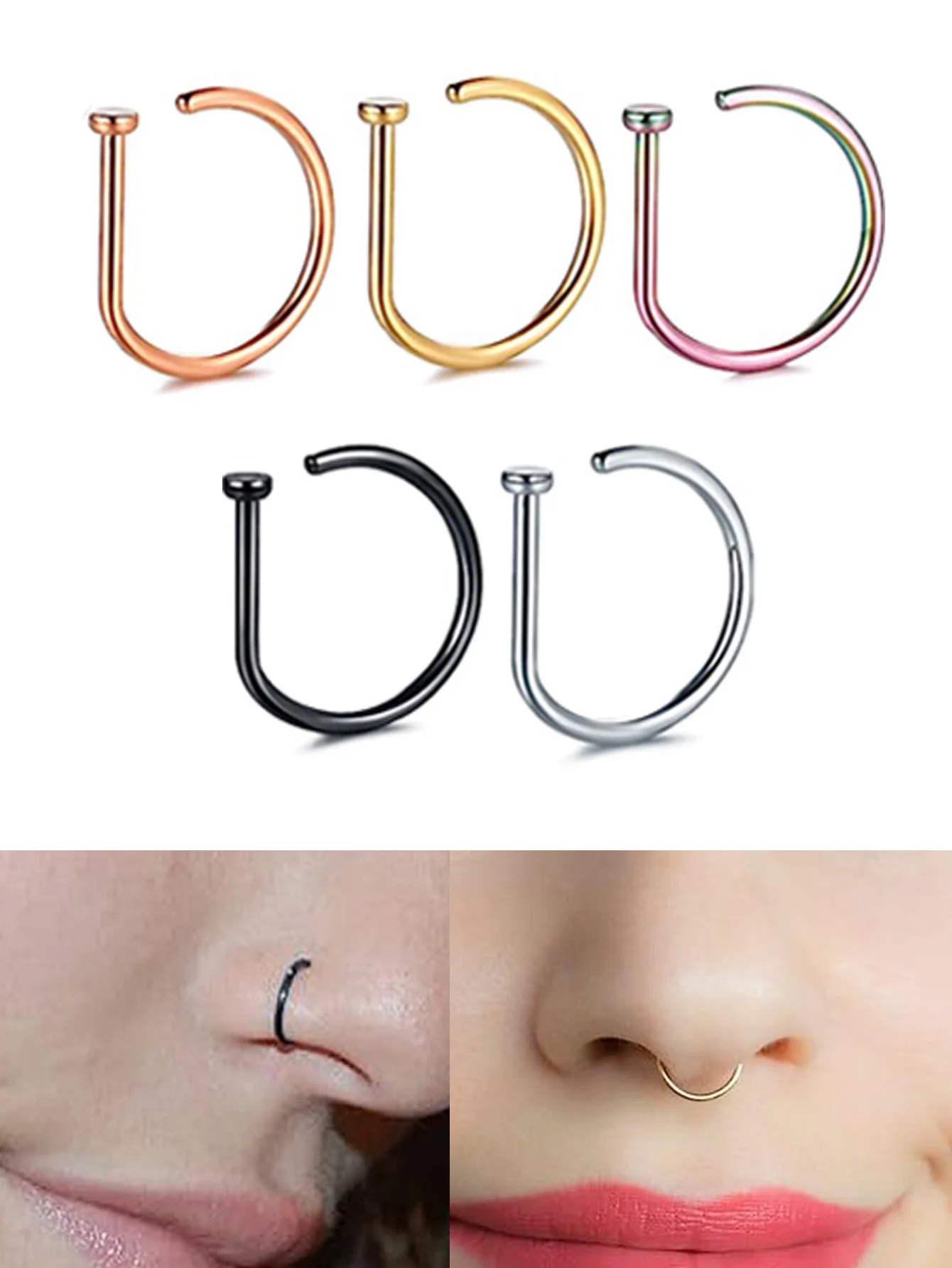 곡선 바벨 가짜 코 피어싱 D 모양 이주 나선 스터드 귀걸이 후프, 셉텀 스테인레스 스틸 링, 콧구멍 바디 쥬얼리, 신제품