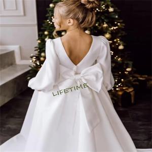 결혼식용 화이트 A 라인 공주 꽃 소녀 원피스, V 넥 긴팔 새틴 소녀, 첫 성찬식 원피스 크리스마스 가운