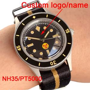 맞춤형 40mm NH35/PT5000 오토매틱 레트로 시계 클라운 블랙 다이얼 투톤 나일론 스트랩 20BAR 다이빙 샌드블라스팅 남성용 손목시계