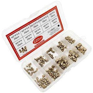 3D 프린팅용 황동 열설착 인서트 너트 220개, M2 M2.5 M3 M4 M5 M6, 플라스틱 레진 모델용 널링 나사형 인서트