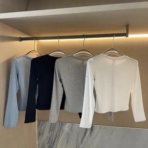 2026년 봄 퀵 드라이 필라테스 요가 탑 긴팔 베이스 레이어 티셔츠 여성용 숄더핏 코튼 니트 라운드넥 풀오버