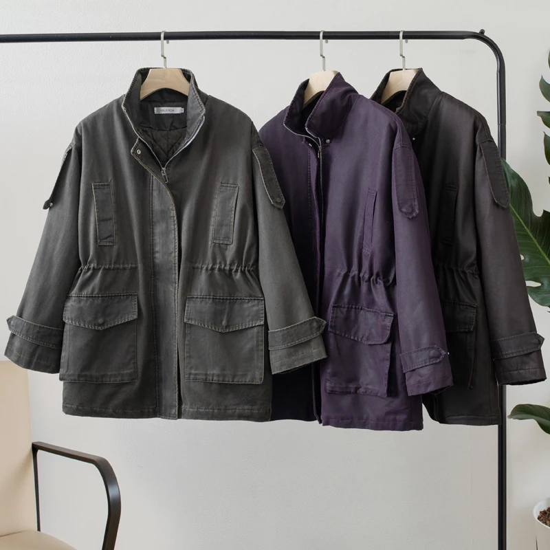 2026 여성 캐주얼 빈티지 유틸리티 재킷 드로스트링 허리끈이 있는 스타일리시한 코트