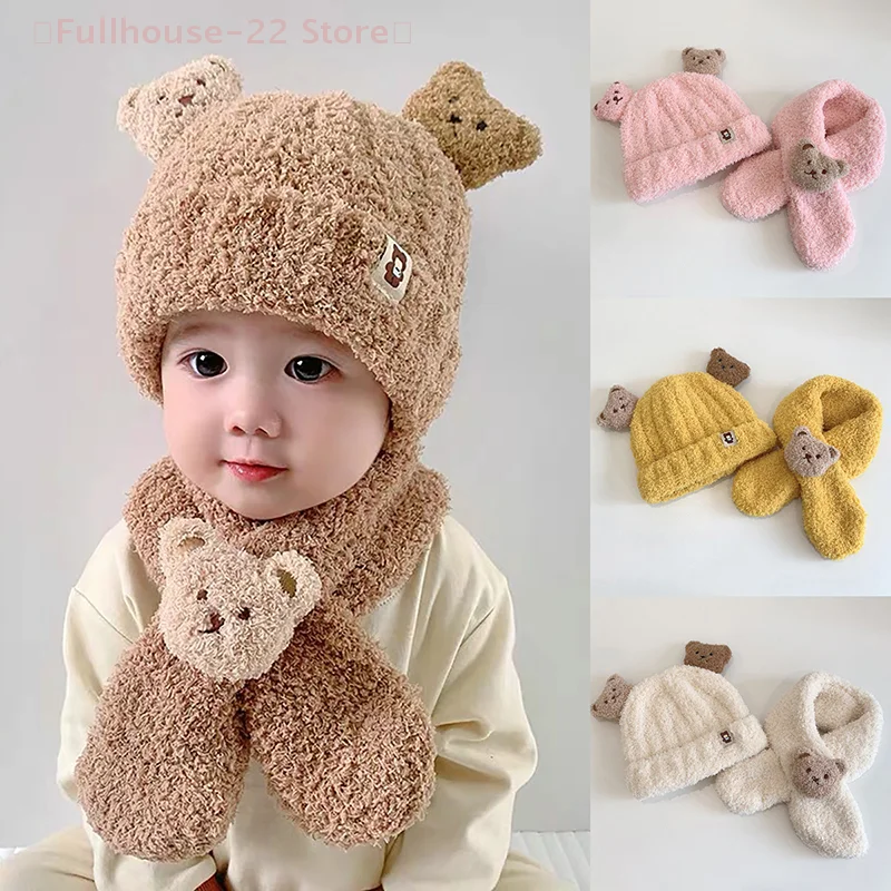 【MAX-22】소녀와 소년을 위한 아기 모자 스카프 겨울 따뜻한 세트 만화 곰 어린이를 위한 방한 의류 무테 모자 스카프