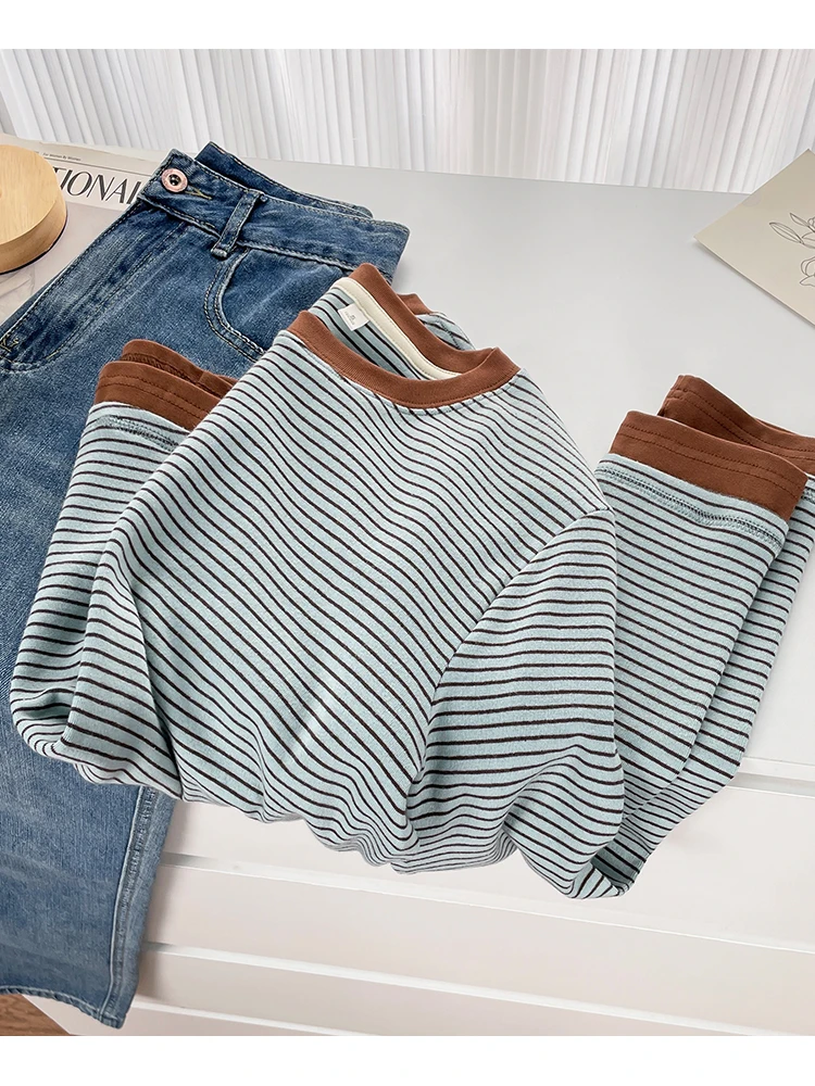봄 신상 컬러 블록 긴팔 라운드넥 베이스 셔츠 여성 레트로 스트라이프 티셔츠 비대칭 밑단 캐주얼 코튼