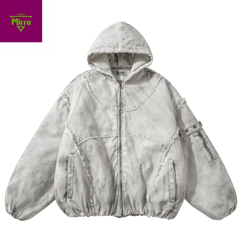 【Mirrordust】빈티지 남성 겨울 재킷 두꺼운 후드 파카 코트 스트리트웨어 힙합 오버사이즈 패딩 재킷 아우터웨어