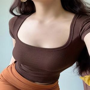 여성용 슬림핏 스퀘어 칼라 크롭 탑 하이 스트레치 반소매 풀오버 섹시한 여름 블라우스 티셔츠(하의용)