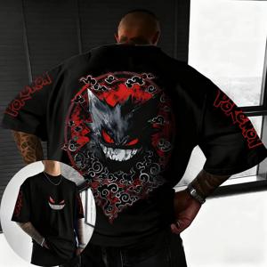 포켓몬 겐가 애니메이션 프린트 블랙 티셔츠 2026 가을/겨울 신작 하라주쿠 남성 및 여성 루즈 캐주얼 부모 자녀 탑