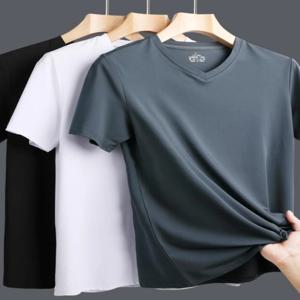 실키 아이스 실크 반팔 티셔츠 남성 여름 중년 아빠 V넥 퓨어 컬러 바디 셔츠 한국 스타일 패션 액세서리