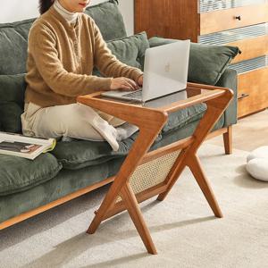 미니멀리스트 원목 커피 테이블 가정용 거실 라탄 소파 사이드 작은 테이블