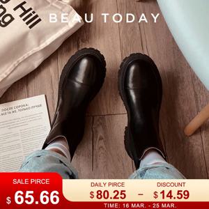 BeauToday 발목 부츠 플랫폼 여성 소 가죽 첼시 부츠 라운드 발가락 탄성 밴드 두꺼운 단독 숙녀 신발 수제 02379