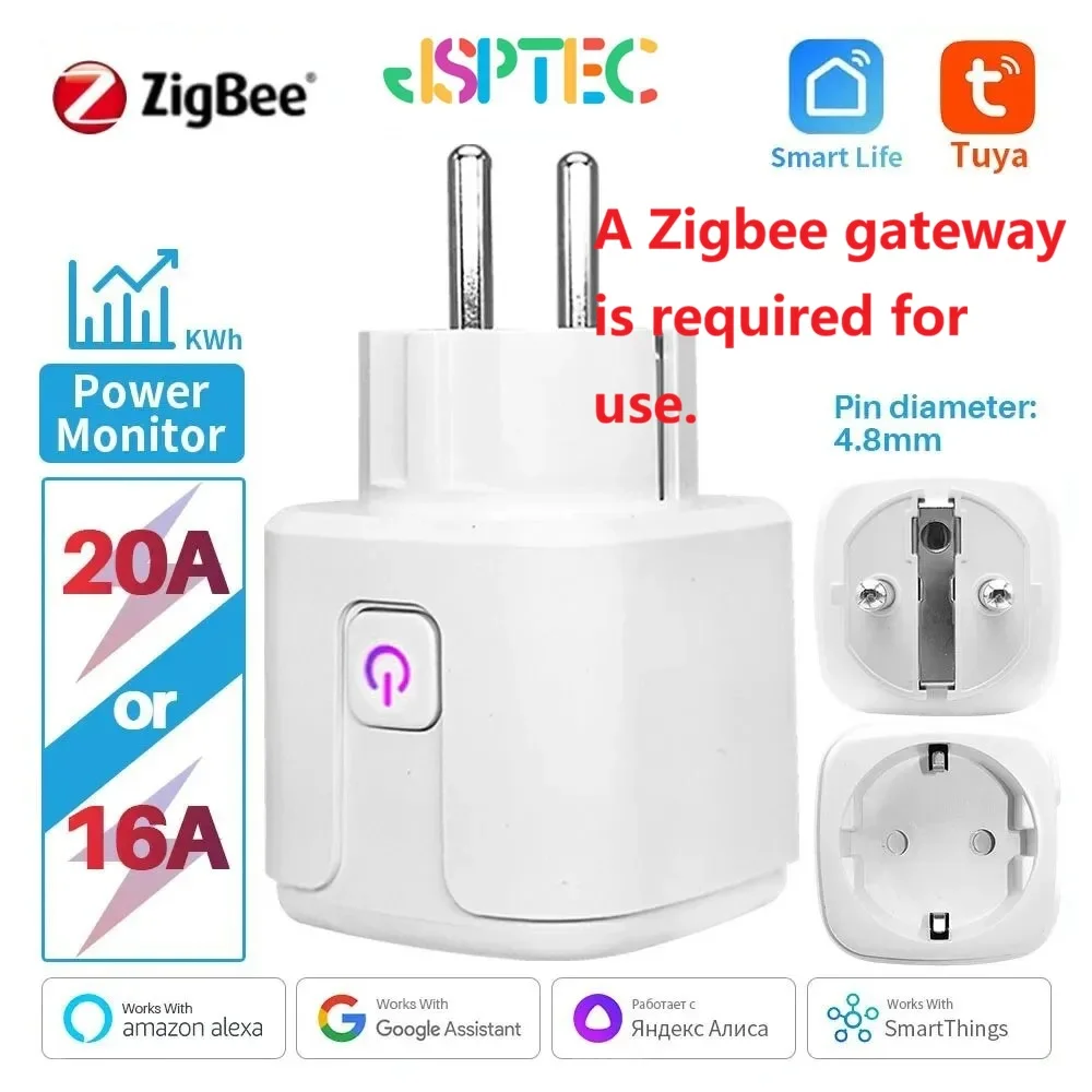 Tuya Zigbee 스마트 플러그 EU 스마트 소켓, 전원 모니터링 타이밍 기능 포함, 알렉사 구글 홈 얀덱스를 통한 음성 제어, 20A