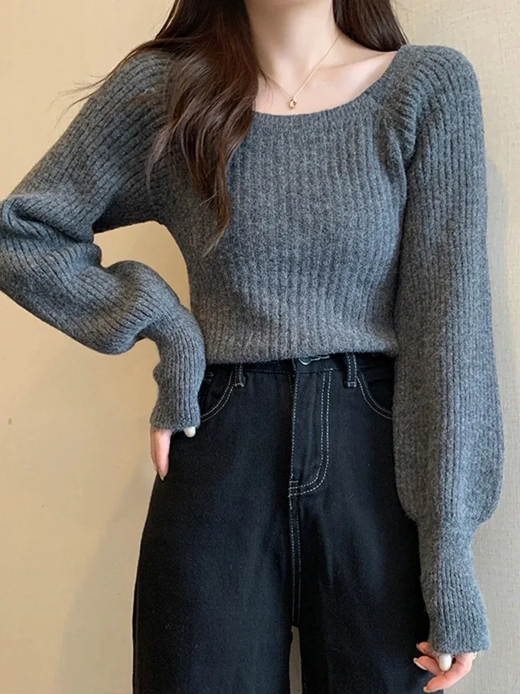 가을 겨울 느슨한 여성 스웨터 캐주얼 소프트 롱 퍼프 슬리브 풀오버 점퍼 니트웨어 여성용 기본 스웨터 탑