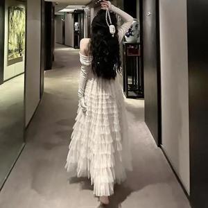 우아한 A라인 튤 스커트 여성 여름 신상 슬리밍 롱 케이크 스커트 하이웨이스트 폴리에스터 원단 베이킹 파우더