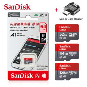 정품 SanDisk A1 메모리 카드 256GB 128GB 100MB/s 64GB 32GB 마이크로 SD 카드 Class 10 UHS-1 플래시 마이크로SD TF + 타입-C 카드 리더