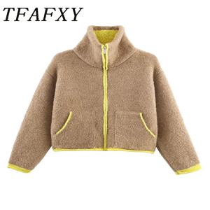 TFAFXY 여성 카디건 자켓 가을 겨울 니트 하이넥 긴팔 컬러 블록 지퍼 루즈 코트 여성 캐주얼 탑 ﻿