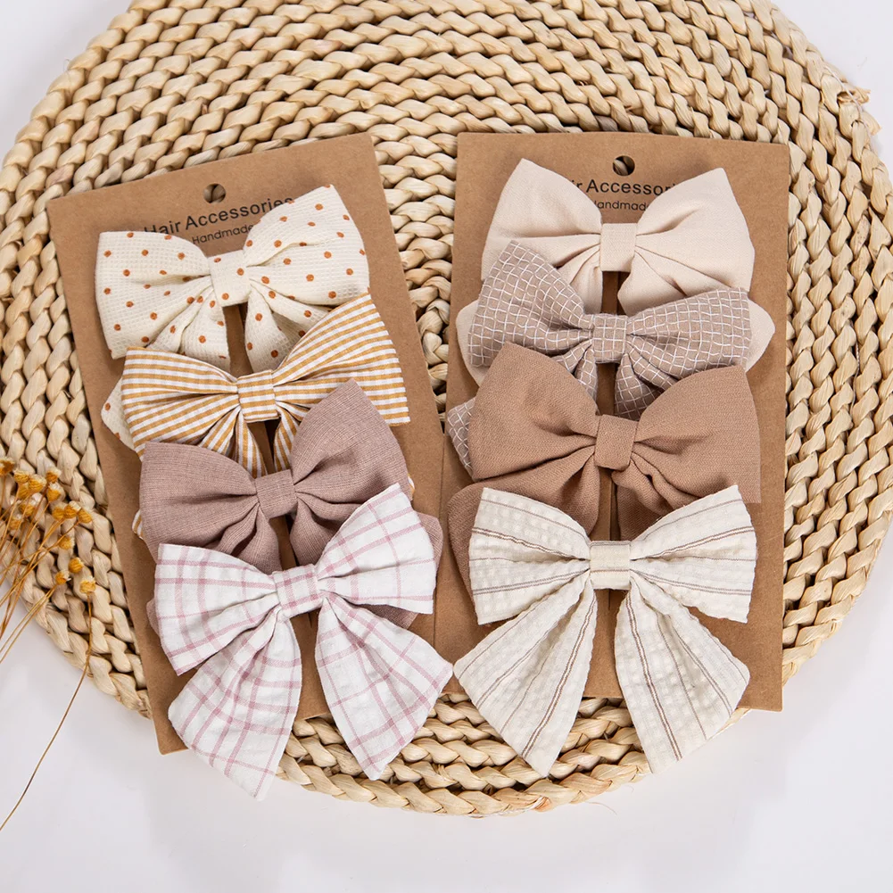 4개/세트 아기 여자아이 헤어 리본 클립 린넨 코튼 포니테일 헤어핀 체크무늬 꽃무늬 도트무늬 프린트 한국 스타일 헤어그립 어린이 헤어 액세서리