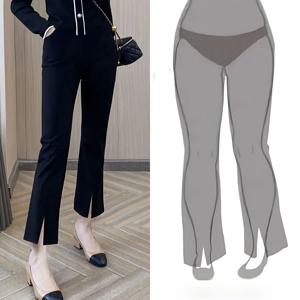 슬리밍 하이웨이스트 플레어 팬츠 캐주얼 나인 포인트 여성 청바지 신축성 있는 슬릿 포켓 비대칭 통근 스타일 여름 2023