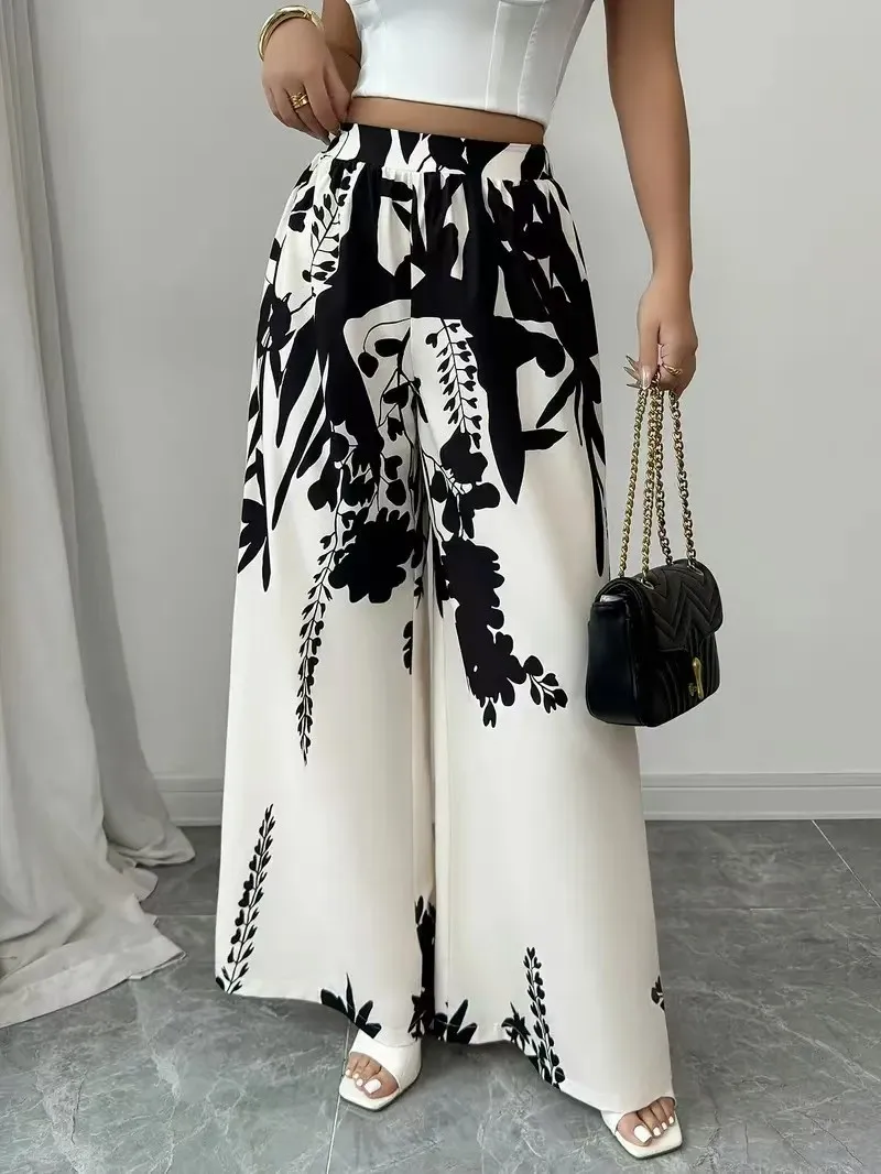 여성용 트로피컬 프린트 와이드 레그 팬츠, 신축성 있는 허리 디자인, 캐주얼 휴가복에 적합한 슬림핏