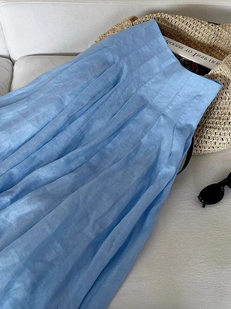 블루 코튼 린넨 하프 스커트 여성 여름 얇은 통기성 미디 스커트 큰 우산 모양 린넨 스커트 통근 스타일 모든 체형에 적합