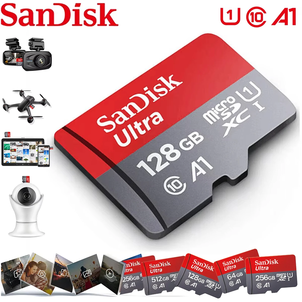 샌디스크 512GB 256GB 메모리 카드 128GB 64GB 32GB TF 마이크로 SD 클래스 A1-10 UHS-1 플래시 메모리 마이크로SD