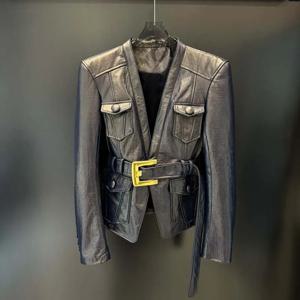 여성용 100% 리얼 양가죽 자켓 - 크로커다일 엠보싱 패턴 V넥 골드 버클 벨트 슬림핏 오피스 & 캐주얼