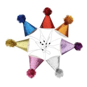 7개의 화려한 생일 파티 모자 - 반짝이와 폼폼이 있는 귀여운 콘 디자인 - 축제용 기념 모자