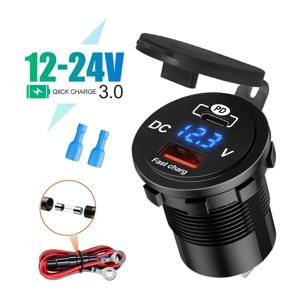 전압 디스플레이가 있는 차량용 충전기 소켓, USB C타입 PD + QC3.0 듀얼 포트, 12V 24V 오토바이 트럭 보트 전화용 고속 충전, 60W