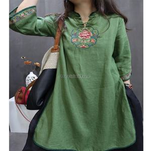 2026년 여름 신상 중국풍 면마 치파오 7부 소매 중간 길이 스플릿 드레스 빈티지 민족풍 자수 드레스