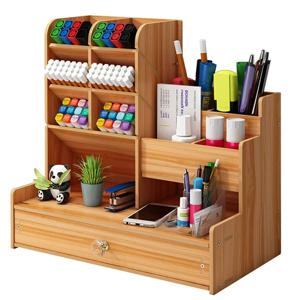목재 책상 정리함, DIY 탁상용 깔끔한 펜꽂이, 대용량 문구 보관함, 서랍 포함, 가정 사무실 및 학교용