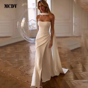 MCDV 플리츠 새틴 신부 가운 스트랩리스 머메이드 사이드 스플릿 아이보리 웨딩 드레스 2026 리본 베스티도 데 노이바 시빌 맞춤 제작주문을 받아서 만드는 리본 vestido de noiva 시민을 가진 2026년 여성을 위한 섹시한 아이보리 결혼식 드레스를 가진 MCDV 플리트 사틴 우아한 신부 가운 스트래플리스 인조 측 분할
