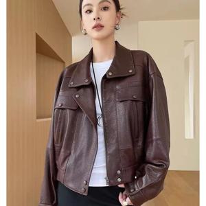 여성용 겨울 양가죽 코트 수입 양가죽 버건디 라펠 지퍼 모터사이클 재킷 여성용 자켓