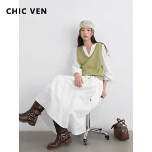 CHIC VEN 여성 드레스 세트 A라인 긴팔 솔리드 루즈핏 캐주얼 여성 롱 드레스 니트 베스트 포함 봄 가을 2026