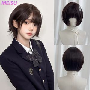 MEISU 10인치 짧은 보보 앞머리 가발 블랙티 합성 섬유 내열성 자연스럽고 부드러운 셀카 파티 여성용