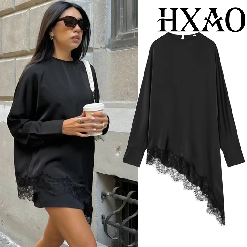 HXAO 여성용 레이스 블라우스 비대칭 롱 블랙 블라우스 여성 봄 우아한 플러스 사이즈 탑 스웨트셔츠 긴팔 블라우스 여성