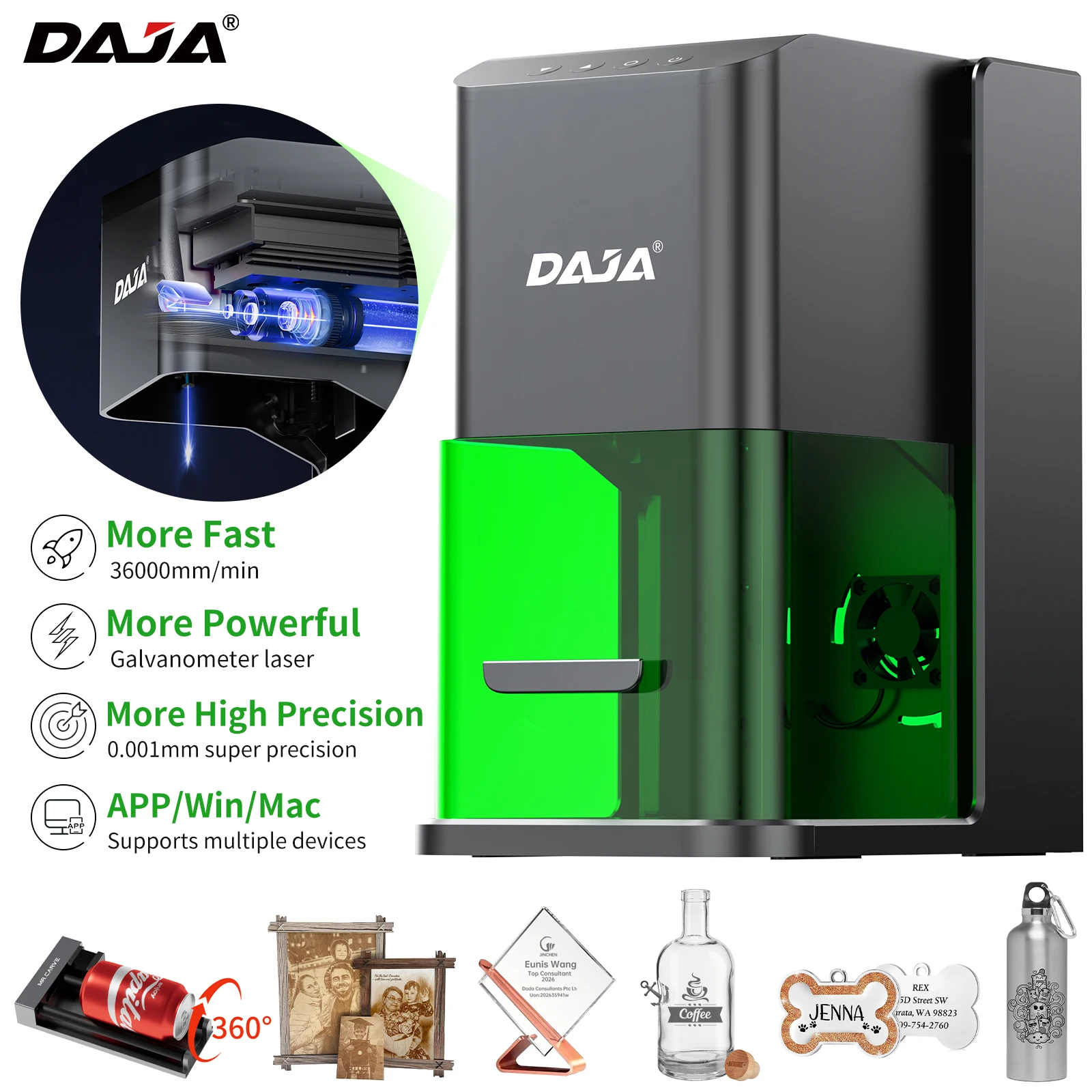 DAJA C1 울트라 레이저 조각기, 갈바노미터 기반, 더 빠른 파워, 미니, 스테인리스 스틸, 목재, 도장된 금속, 유리, 아크릴, 종이용