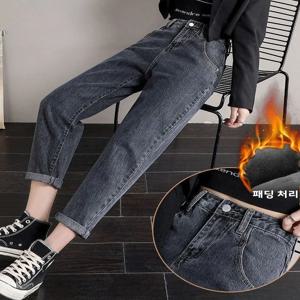 여성 플리스 안감 스트레이트 레그 진 신축성 있는 루즈핏 가을 겨울 2025 캐주얼 솔리드 컬러 포켓이 있는 아빠 바지