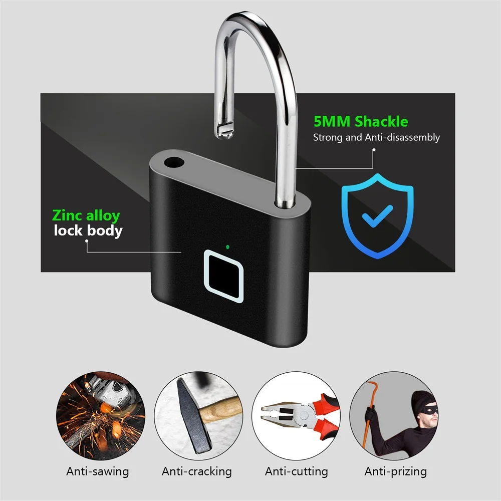 KERUI 지문 잠금장치 키리스 USB 충전 스마트 자물쇠 방수 도어락 0.2초 잠금해제 휴대용 도난 방지 자물쇠 아연