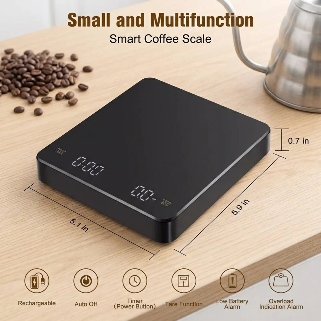 타이머가 있는 디지털 커피 체중계, LED 스크린, 에스프레소 USB, 최대 3kg 무게, 0.1g 고정밀 측정, Oz/ml/g 주방 체중계