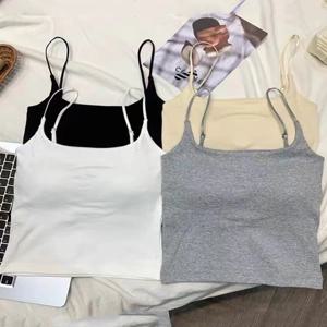 여름 신상 작은 스트랩 베스트 가슴 패드 내장 아름다운 등 라인 원피스 이너 아우터 슬리밍 솔리드 컬러 숏탑 여성용