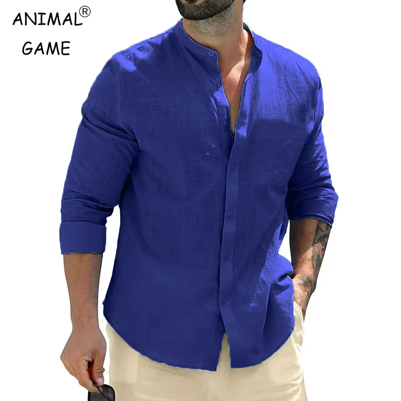 남성 코튼 긴 소매 셔츠 캐주얼 버튼 다운 밴드 칼라 셔츠 가을 남성 드레스 셔츠 캐주얼 비즈니스 셔츠 남성