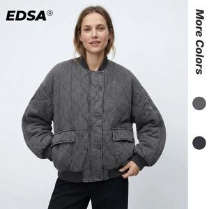 EDSA 여성용 오버사이즈 퀼트 봄버 재킷, 두껍고 따뜻한 코트, 긴 소매 스냅 단추 여성 아우터, 시크한 상의