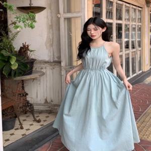 비치 바캉스 민소매 넥 홀터 스트랩 드레스 여성 여름 2024 신상 티타임 라지 스윙 A라인 롱 드레스