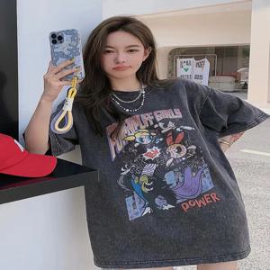 레트로 워싱 카툰 프린트 라지 사이즈 미디 기장 반팔 티셔츠 여성 여름 트렌디 루즈핏 커플 스타일 탑 순면