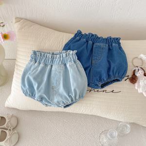 베이비 데님 블루머 반바지 신생아 부드럽고 아늑한 코튼 유아 소년 소녀 여름 반바지 바지 프릴 허리 아동 의류 0-3T